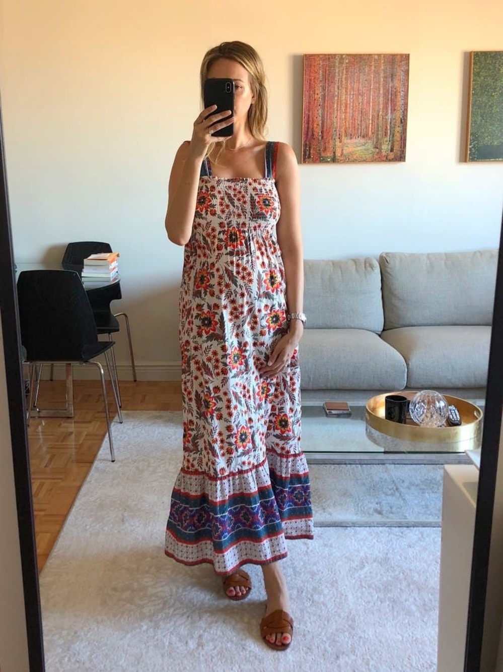 JOIE Floral Smocked Midi Dress Size Large Boho Cottagecore Made in India